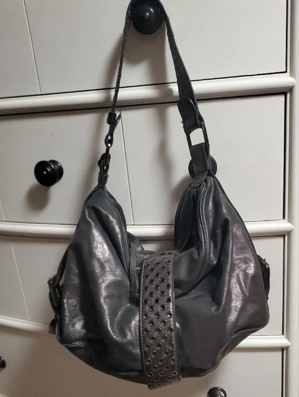 Michael Kors Studded Gray Leather Hobo Shoulder Bag